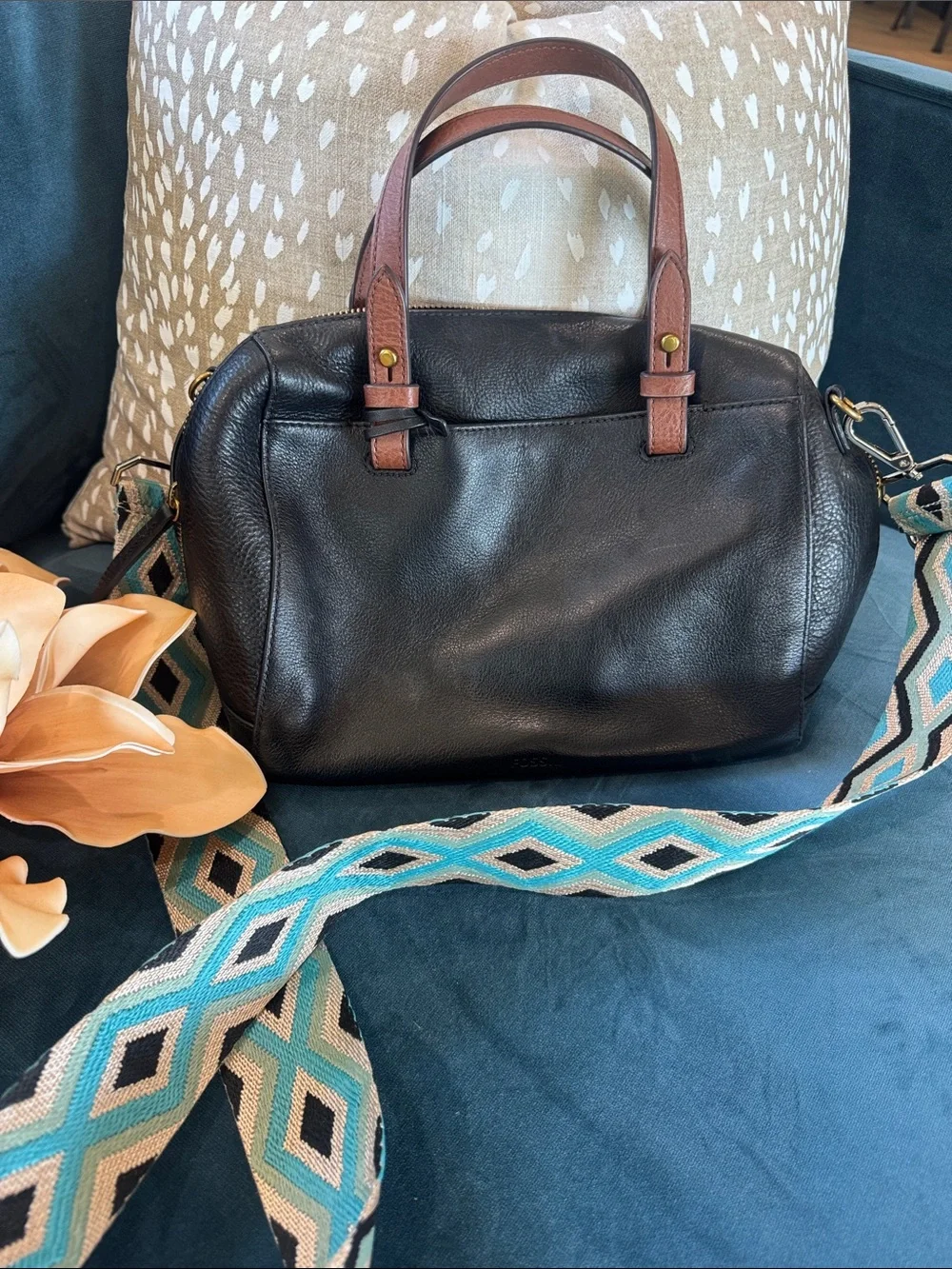 Black Leather Satchel with Detachable Patterned Strap